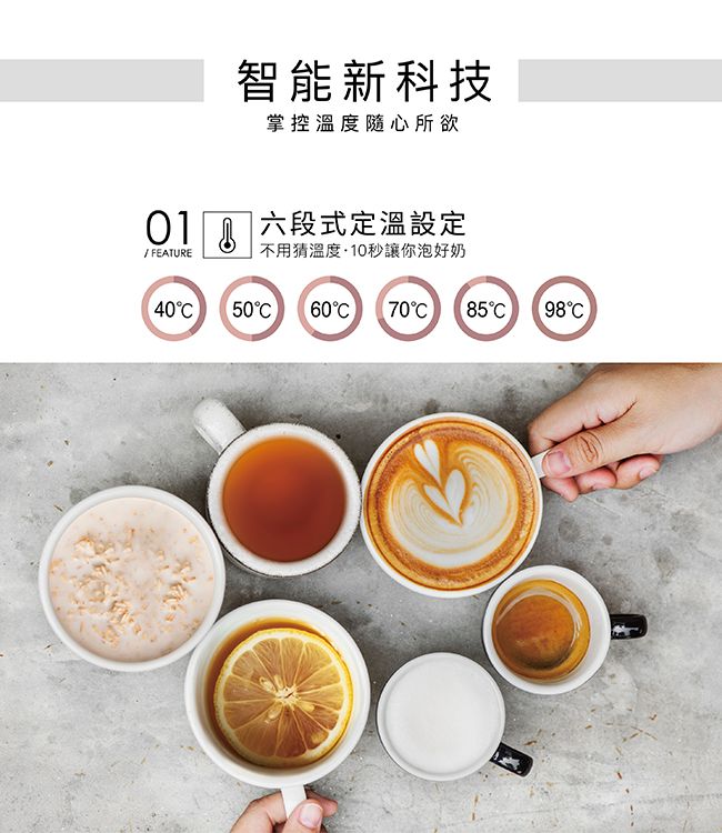 智能新科技掌控溫度隨心所欲|01 六段式定溫設定FEATURE不用猜溫度秒讓你泡好奶4050 60 70C85C98C