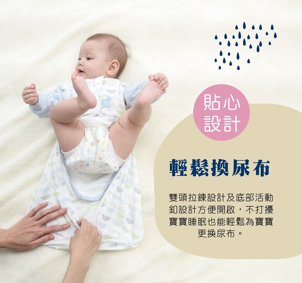 貼心設計輕鬆換尿布雙頭拉鍊設計及底部活動釦設計方便開啟,不打擾寶寶睡眠也能輕鬆為寶寶更換尿布。