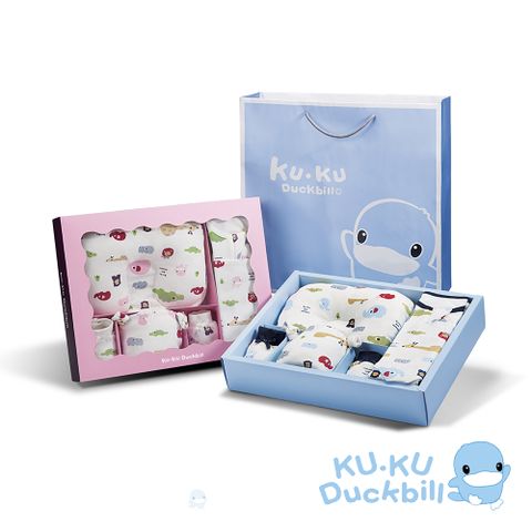 《KUKU酷咕鴨》動物派對懶人包巾彌月禮盒10件組(藍/粉)