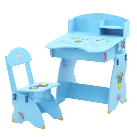 《寬敞書架讓孩子們方便擺放文具》EMC 簡易書架防夾手木質兒童升降成長書桌椅(水藍)