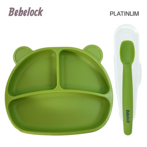 BeBeLock 吸附型重磅餐盤+離乳湯匙-碧湖綠