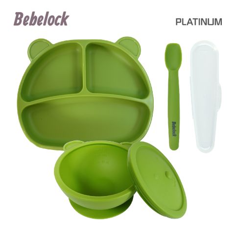 BeBeLock吸附型重磅餐盤+餐碗+離乳湯匙-碧湖綠