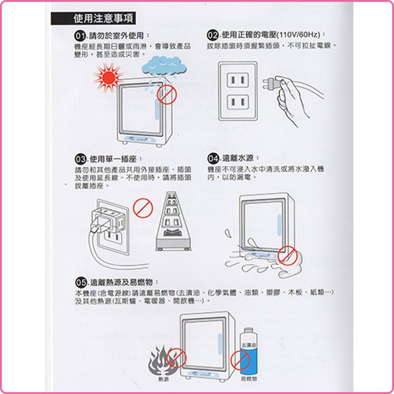 注意事項|請勿於室外使用:使用正確的電壓(110V/60Hz:經長期日或會導致產品變形甚至造成災害拔除插頭時須插頭不可拉扯電線。使用單一插座:遠:請勿和其他產品共用外接插座插頭及使用延長線,不使用時,請插頭離插座。座不可中清洗或將水,以防漏電。.遠離熱源及燃:本座(含電源線)請遠離易燃物(去漬油化學氣體、油類、塑膠、、紙類)及其他(瓦斯爐、、開飲機)。易物