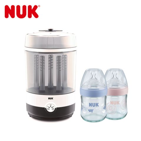 【NUK】二合一蒸氣烘乾消毒鍋+自然母感玻璃奶瓶120ml-1號M-2入(顏色隨機出貨)★超大容量