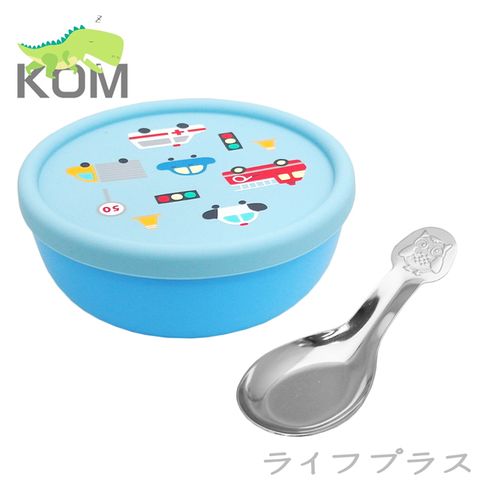 【一品川流】食品級矽膠隔熱碗-矽膠蓋-藍色汽車-1入組 (贈送兒童湯匙)