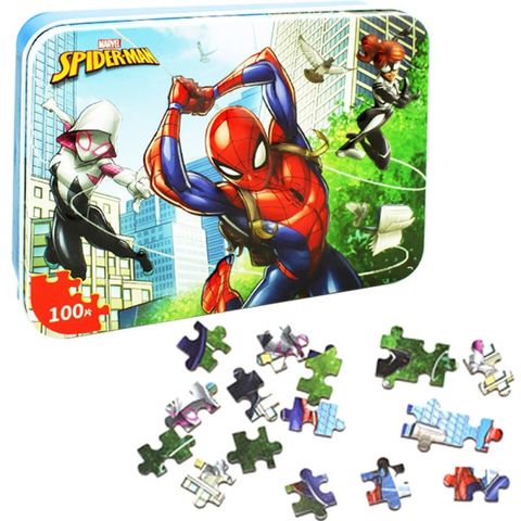 漫威英雄蜘蛛人鐵盒拼圖玩具組木質拼圖100片隨機出貨 632683【小品館】