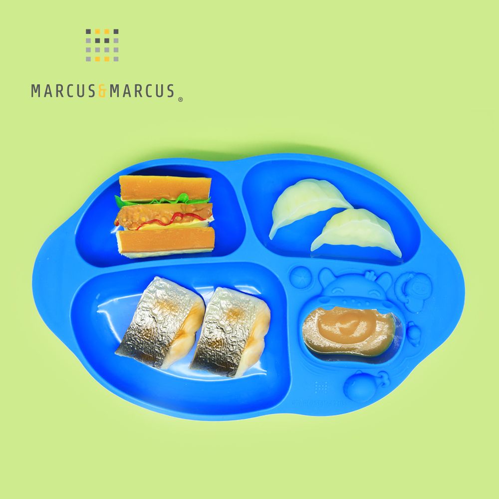 MARCUS & MARCUS MARCUSMARCUS　動物樂園造型吸力分隔餐盤-河馬(藍)促進孩子飲食均衡符合一餐的營養需求