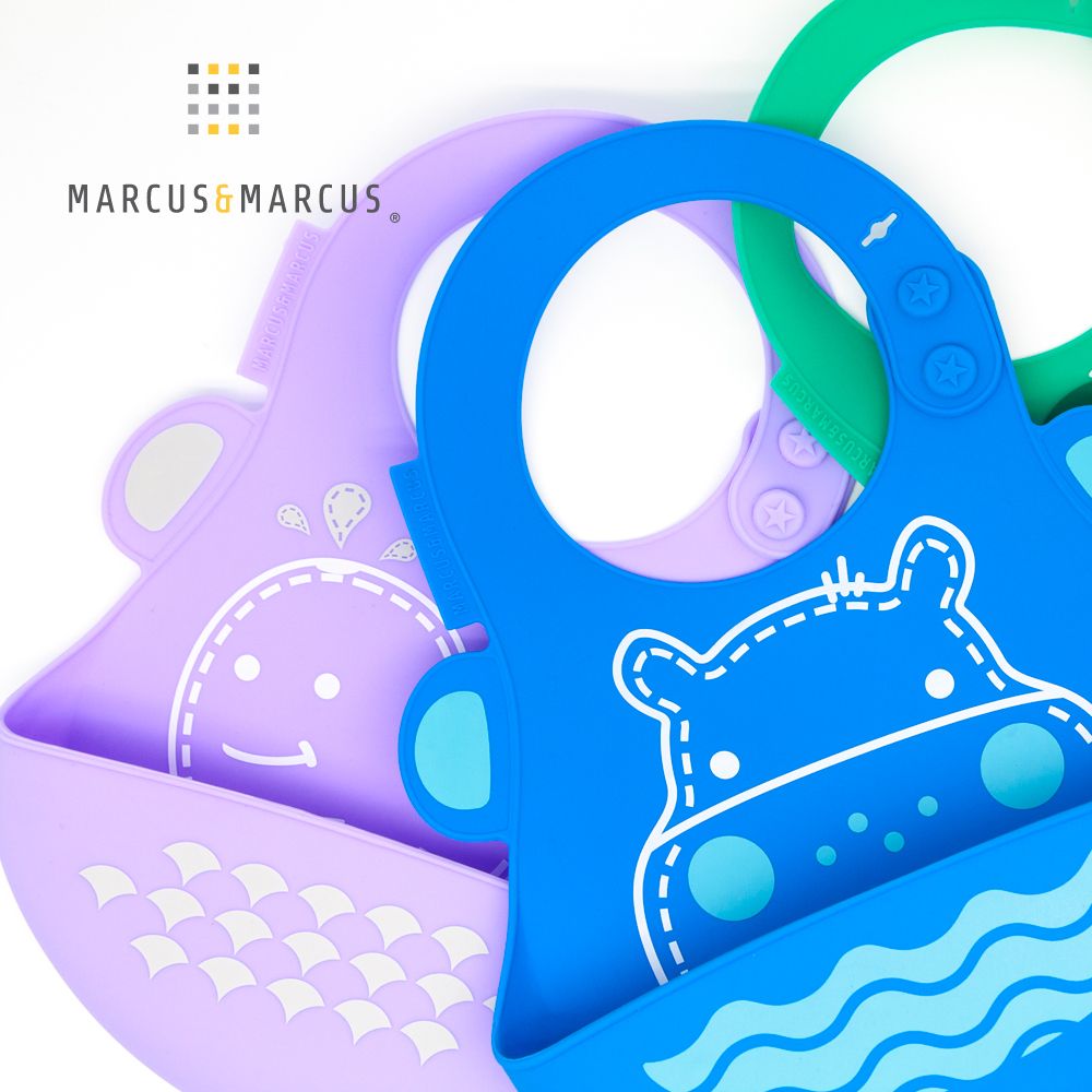 MARCUS & MARCUS MARCUSMARCUS　大口吃飯學習餐具組(圍兜+握握叉匙) -紫鯨魚  6色可選超萌亮眼吸睛設計專為寶寶設計的學習餐具