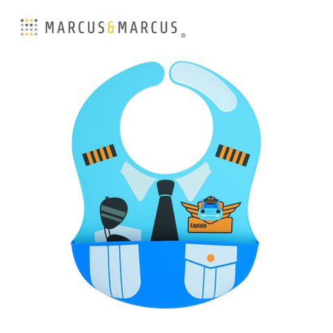 MARCUS & MARCUS MARCUSMARCUS　大口袋寬版矽膠立體圍兜-機長(藍)色彩繽紛刺激寶寶視覺發育