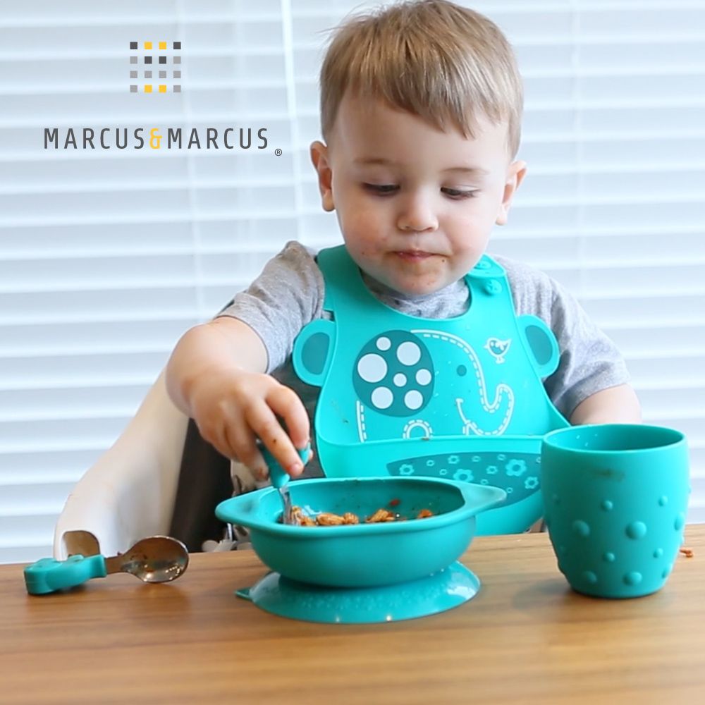 MARCUS & MARCUS MARCUSMARCUS　好好吃飯學習餐具組(吸盤碗+握握叉匙+防掉帶) -綠大象  專為寶寶設計的學習餐具