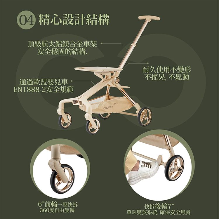 精心設計結構頂級航太鋁鎂合金車架安全穩固的結構.通過歐盟嬰兒車EN1888-2安全規範前輪一壓快拆360度自由旋轉耐久使用不變形不搖晃,不鬆動快拆後輪7單雙煞系統,確保安全無虞