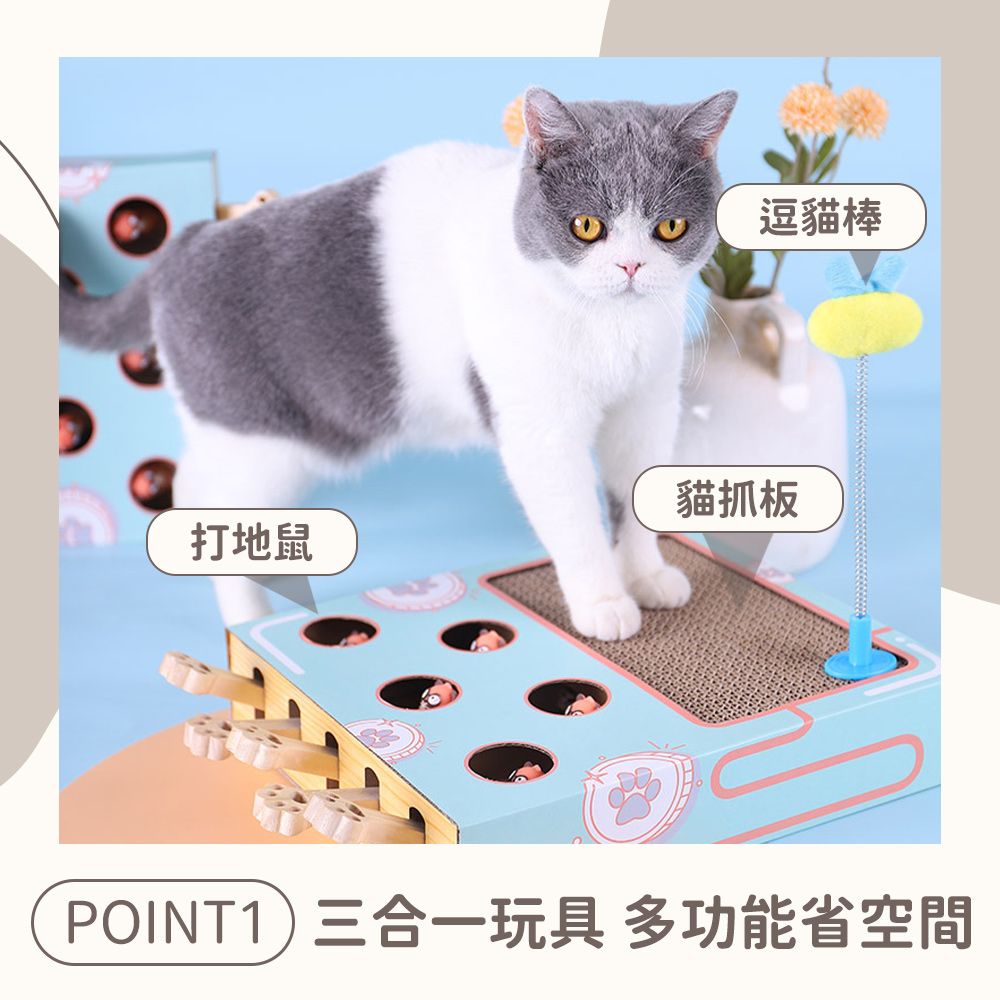 逗貓棒貓抓板打地鼠POINT1)三合一玩具 多功能省空間
