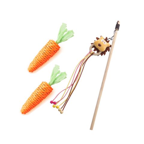 木柄逗貓棒毛絨動物造型木環流蘇外加小蘿蔔互動玩樂寵物用品3入組