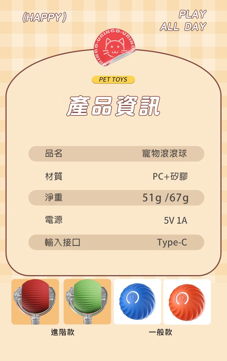 HAPPYURINGURINGPET TOYSPLAYALL DAY產品資訊品名材質淨重電源輸入接口寵物滾滾球PC+矽膠51g/5V 1AType-C進階款一般款