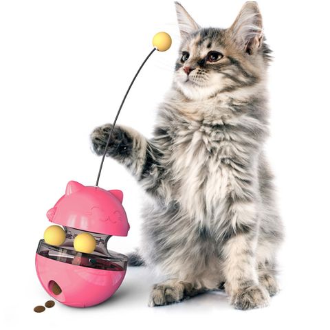 【喵星人新年禮物】貓咪不倒翁滑球漏食器玩具-小桃紅