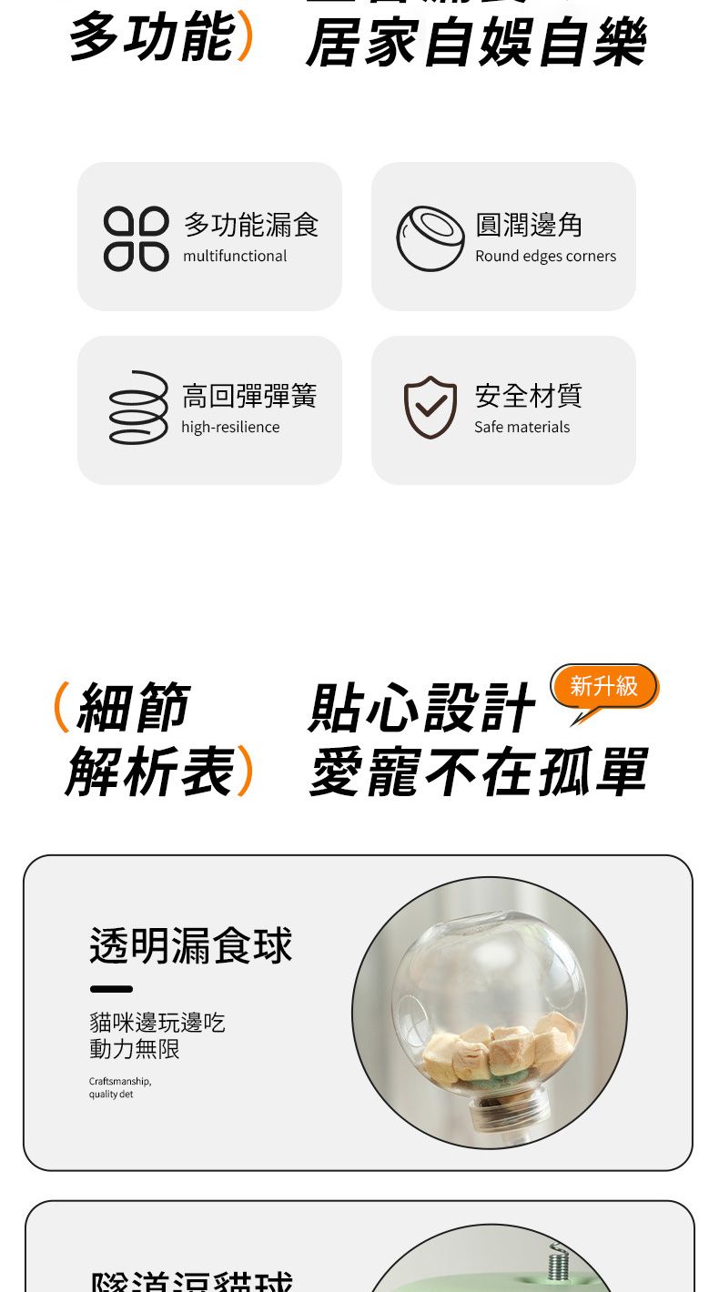 多功能 居家自娛自樂 多功能漏食multifunctional圓潤邊角Round edges corners高回彈彈簧安全材質high-resilienceSafe materials(細節新升級貼心設計解析表) 愛寵不在孤單透明漏食咪邊玩邊吃動力無限Craftsmanship,quality det貓球