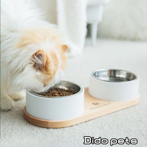 Dido Pets 日系簡約風 304不鏽鋼木製寵物雙碗組(PT081)