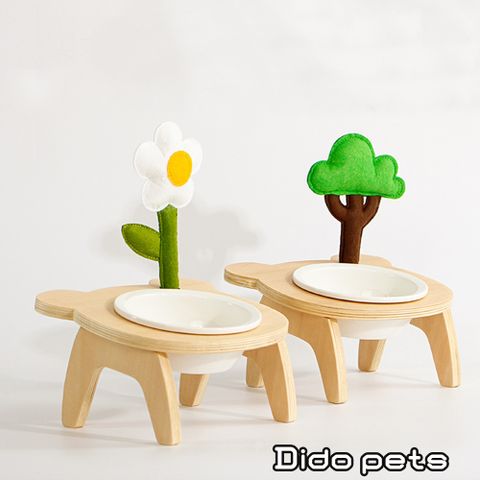 【Dido Pets】陶瓷製木架款 斜口護頸寵物碗-小花/小樹款(PT082)