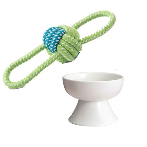 【寵物愛家】經典白色陶瓷碗+棉繩玩具