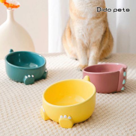 【Dido Pets】陶瓷製 大口徑斜口怪獸造型寵物碗(PT145)