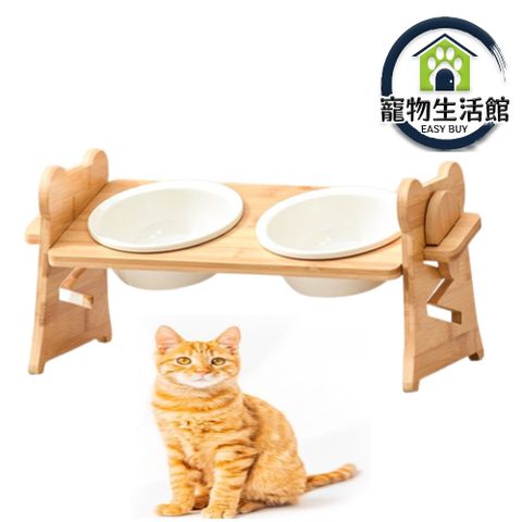 【雙碗】可調式碗架 陶瓷碗 貓碗 斜口可調節寵物碗 竹木寵物碗