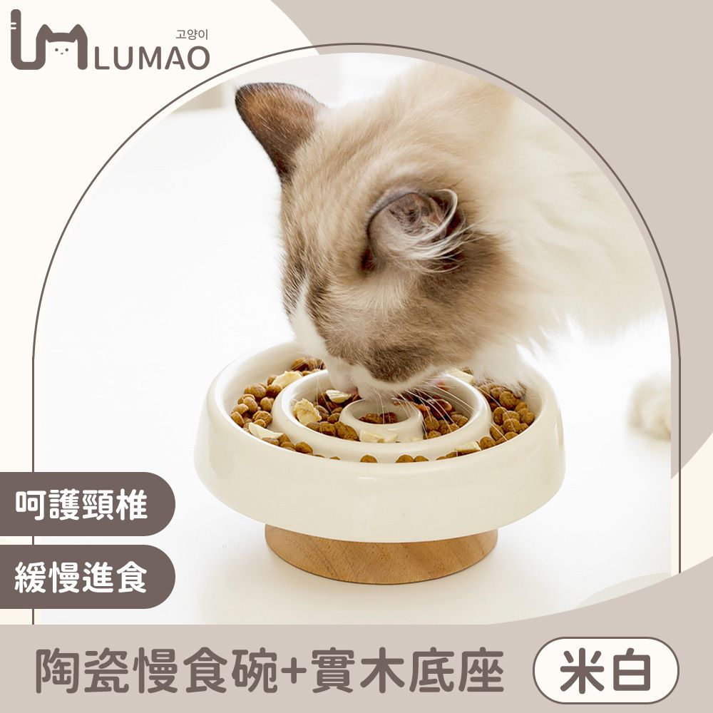  LUMAO 高顏值寵物貓狗陶瓷圓圈慢食碗+實木護頸底座 米白