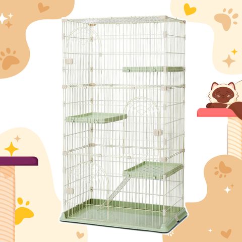 四層組合式寵物貓籠-綠色/三開門/圍欄/網片/組合柵欄/隔板/折疊籠