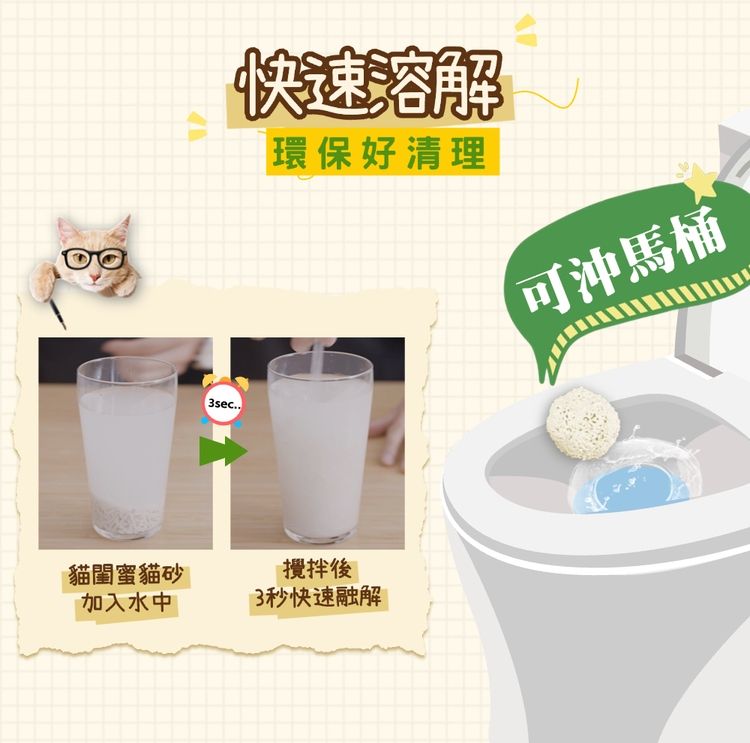貓蜜貓砂加入水中快速溶解環保好清理可沖馬桶3sec攪拌後3秒快速融解