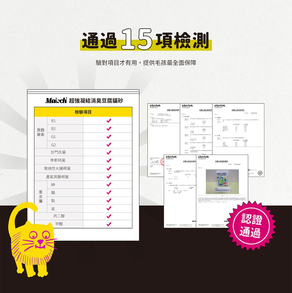 通過15項檢測驗對項目才有用,提供毛孩最全面保障 超強凝結消臭豆腐貓砂檢驗項目B1黃麴B2毒素G1G2沙門氏菌intertekintertek李斯特菌致病性大腸桿菌 LESS產氣桿菌砷鎘鉛丙二醇甲醛認證通過
