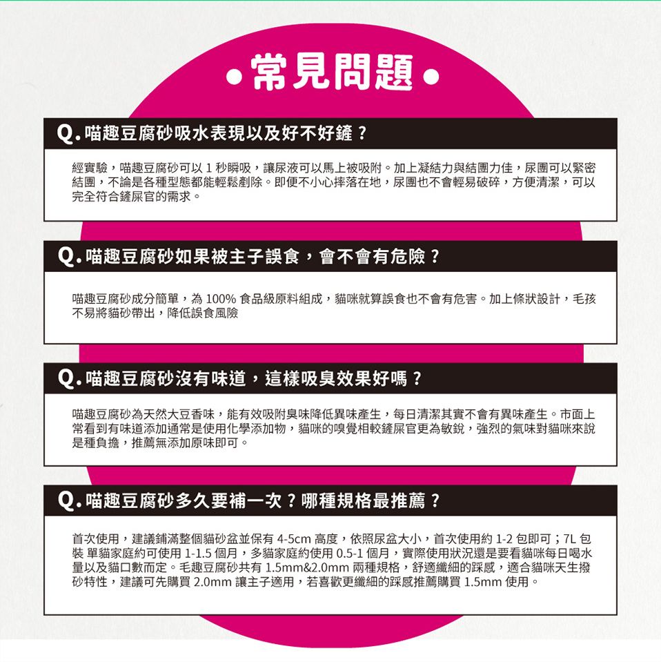 常見問題Q.喵趣豆腐吸水表現以及好不好鏟?經實驗,喵趣豆腐砂可以1秒瞬吸,讓尿液可以馬上被吸附。加上凝結力與結團力佳,尿團可以緊密結團,不論是各種型態都能輕鬆剷除。即便不小心摔落在地,尿團也不會輕易破碎,方便清潔,可以完全符合鏟屎官的需求。Q.喵趣豆腐砂如果被主子誤食,會不會有危險?喵趣豆腐砂成分簡單,為100%食品級原料組成,貓咪就算誤食也不會有危害。加上條狀設計,毛孩不易將貓砂帶出,降低誤食風險Q.喵趣豆腐砂沒有味道,這樣吸臭效果好嗎?喵趣豆腐砂為天然大豆香味,能有效吸附臭味降低異味產生,每日清潔其實不會有異味產生。市面上常看到有味道添加通常是使用化學添加物,貓咪的嗅覺相較鏟屎官更為敏銳,強烈的氣味對貓咪來說是種負擔,推薦無添加原味即可。Q.喵趣豆腐砂多久要補一次?哪種規格最推薦?首次使用,建議鋪滿整個貓砂盆並保有4-5cm 高度,依照尿盆大小,首次使用約1-2包即可;L包裝單貓家庭約可使用1-1.5個月,多貓家庭約使用0.5-1個月,實際使用狀況還是要看貓咪每日喝水量以及貓口數而定。毛趣豆腐砂共有 1.5mm&2.0mm 兩種規格,舒適纖細的踩感,適合貓咪天生撥砂特性,建議可先購買2.0mm 讓主子適用,若喜歡更纖細的踩感推薦購買1.5mm 使用。
