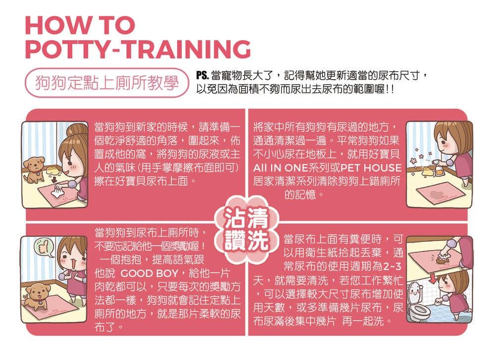 HOW TOPOTTY-TRAINING狗狗定點上廁所教學PS. 當寵物長大了,記得幫她更新適當的尿布尺寸,以免因為面積不夠而尿出去尿布的範圍!!當狗狗到新家的時候,請準備一個乾淨舒適的角落,圍起來,佈置成他的窩,將狗狗的尿液或主人的氣味(用手掌摩擦布面即可)擦在好寶貝尿布上面。當狗狗到尿布上廁所時,將家中所有狗狗有尿過的地方,通通清潔過一遍。平常狗狗如果不小心尿在地板上,就用好寶貝 IN ONE系列或PET HOUSE居家清潔系列清除狗狗上錯廁所的記憶。沾清不要忘記給他一個喔! 讚洗 當尿布上面有糞便時,可一個抱抱,提高語氣跟他 GOOD BOY,給他一片以用衛生紙拾起丟棄,通常尿布的使用週期為2~3肉乾都可以,只要每次的獎勵方 天,就需要清洗,若您工作繁忙,可以選擇較大尺寸尿布增加使用天數,或多準備幾片尿布,尿布尿滿後集中幾片 再一起洗。法都一樣,狗狗就會記住定點上廁所的地方,就是那片柔軟的尿布了。