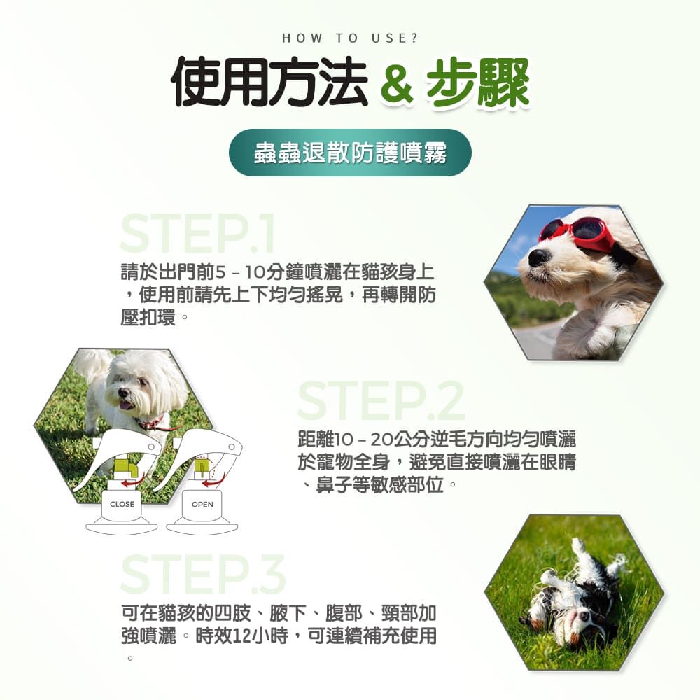 HOW TO USE?使用方法&步驟蟲蟲退散防護噴霧STEP1請於出門前5-10分鐘噴灑在貓孩身上,使用前請先上下均勻,再轉開防壓扣環。CLOSEOPENSTEP.2距離10-20公分逆毛方向均勻噴灑於寵物全身,避免直接噴灑在眼睛.鼻子等敏感部位。STEP.3可在貓孩的四肢、腋下、腹部、頸部加強噴灑。時效12小時,可連續補充使用