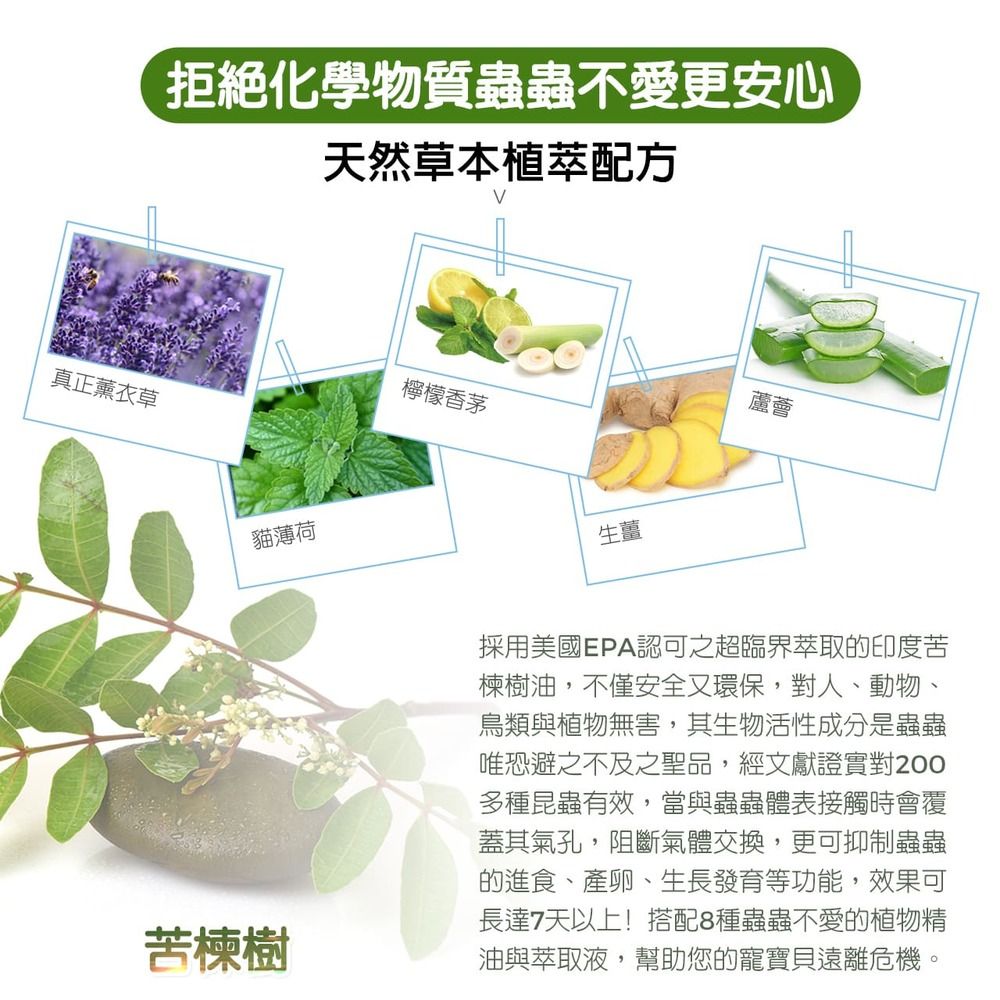 拒絕化學物質蟲蟲不愛更安心天然草本植萃配方檸檬香茅真正薰衣草貓薄荷苦楝樹生薑蘆薈採用美國EPA認可之超臨界萃取的印度苦楝樹油,不僅安全又環保,對人、動物、鳥類與植物無害,其生物活性成分是蟲蟲唯恐避之不及之聖品,經文獻證實對200多種昆蟲有效,當與蟲蟲體表接觸時會覆蓋其氣孔,阻斷氣體交換,更可抑制蟲蟲的進食、產卵、生長發育等功能,效果可長達7天以上!搭配8種蟲蟲不愛的植物精油與萃取液,幫助您的寵寶貝遠離危機。