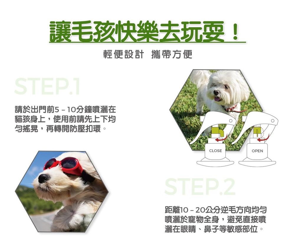 讓毛孩快樂去玩耍!STEP.1輕便設計 攜帶方便請於出門前5-10分鐘噴灑在貓孩身上,使用前請先上下均搖晃,再轉開防壓扣環。CLOSEOPENSTEP.2距離10-20公分逆毛方向均匀噴灑於寵物全身,避免直接噴灑在眼睛、鼻子等敏感部位。