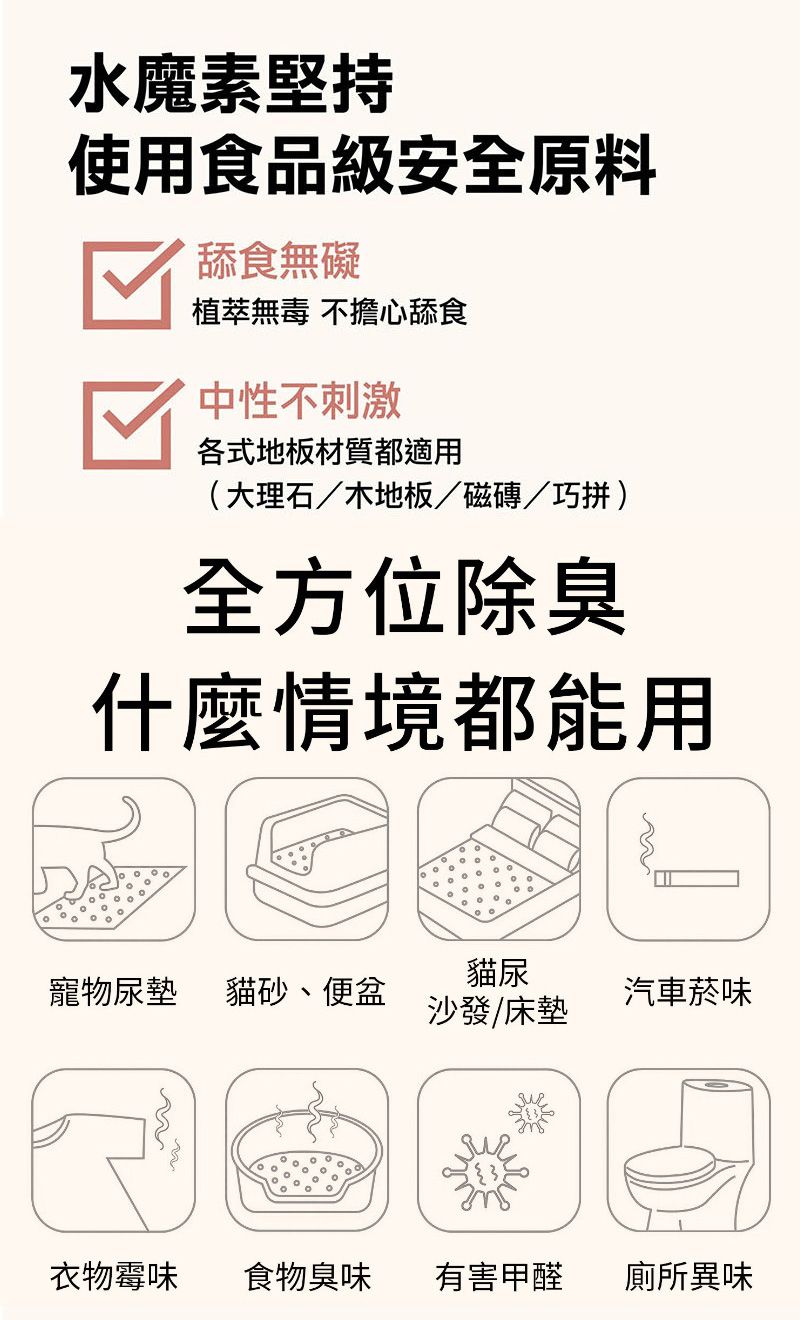 水魔素堅持使用食品級安全原料舔食無礙植萃無毒 不擔心舔食中性不刺激各式地板材質都適用(大理石/木地板/磁磚/巧拼 )全方位除臭什麼情境都能用貓尿寵物尿墊貓砂、便盆汽車菸味沙發/床墊衣物霉味食物臭味有害甲醛廁所異味