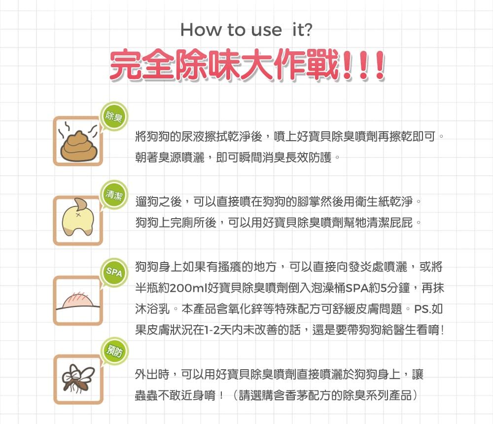 How to use it?完全除味大作戰!!!除臭【清潔將狗狗的尿液擦拭乾淨後,噴上好寶貝除臭噴劑再擦乾即可。朝著臭源噴灑,即可瞬間消臭長效防護。遛狗之後,可以直接噴在狗狗的腳掌然後用衛生紙乾淨狗狗上完廁所後,可以用好寶貝除臭噴劑幫牠清潔屁屁。SPA【預防狗狗身上如果有搔癢的地方,可以直接向發炎處噴灑,或將半瓶約200ml好寶貝除臭噴劑倒入泡澡桶SPA約5分鐘,再抹沐浴乳。本產品含氧化鋅等特殊配方可舒緩皮膚問題。PS.如果皮膚狀況在1-2天內未改善的話,還是要帶狗狗給醫生看唷!外出時,可以用好寶貝除臭噴劑直接噴灑於狗狗身上,讓蟲蟲不敢近身唷!(請選購含香茅配方的除臭系列產品)