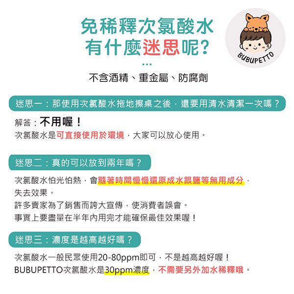 免稀釋次氯酸水有什麼迷思呢?不含酒精、重金屬、防腐劑迷思一:那使用次氯酸水拖地擦桌之後還要用清水清潔一次嗎?解答:不用喔!次氯酸水是可直接使用於環境大家可以放心使用。迷思二:真的可以放到兩年嗎?次氯酸水怕光怕熱會隨著時間慢慢還原成水跟鹽等無用成分失去效果。許多賣家為了銷售而誇大宣傳使消費者誤會。事實上要盡量在半年内用完才能確保最佳效果喔!迷思三:濃度是越高越好嗎?次氯酸水一般民眾使用20-80ppm即可,不是越高越好喔!BUBUPETTO次氯酸水是30ppm濃度,不需要另外加水稀釋哦。