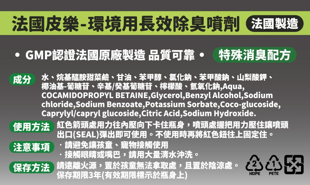 法國皮樂-環境用長效除臭噴劑 法國製造GMP認證法國原廠製造 品質可靠 特殊消臭配方成分 水、烷基醯胺甜菜鹼、甘油、苯甲醇、氯化鈉、苯甲酸鈉、山梨酸鉀、椰油基-葡糖苷、辛基/癸基葡糖苷、檸檬酸、氫氧化鈉,Aqua,COCAMIDOPROPYL BETAINE, Glycerol, Benzyl Alcohol,Sodiumchloride,Sodium Benzoate,Potassium Sorbate,Coco-glucoside,Caprylyl/capryl glucoside,Citric Acid,Sodium Hydroxide.使用方法 紅色箭頭用力往內壓向下卡住瓶身,噴頭處握把用力壓住讓噴頭出口(SEAL)彈出即可使用不使用時再將紅色往上固定住。注意事項請避免讓孩童、寵物接觸使用接觸眼睛或嘴巴,請用大量清水沖洗。保存方法請遠離火源,置於孩童無法拿取處,置於陰涼處。 保存期限3年(有效期限標示於瓶身上)HDPEPETE