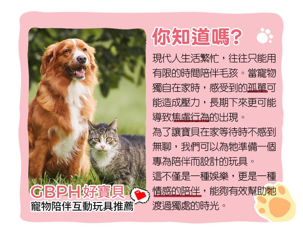 GBPH好寶貝寵物陪伴互動玩具推薦你知道嗎?現代人生活繁忙,往往只能用有限的時間陪伴毛孩。當寵物獨自在家時,感受到的孤單可能造成壓力,長期下來更可能導致焦慮行為的出現。為了讓寶貝在家等待時不感到無聊,我們可以為牠準備一個專為陪伴而設計的玩具。這不僅是一種娛樂,更是一種情感的陪伴,能夠有效幫助牠渡過獨處的時光。