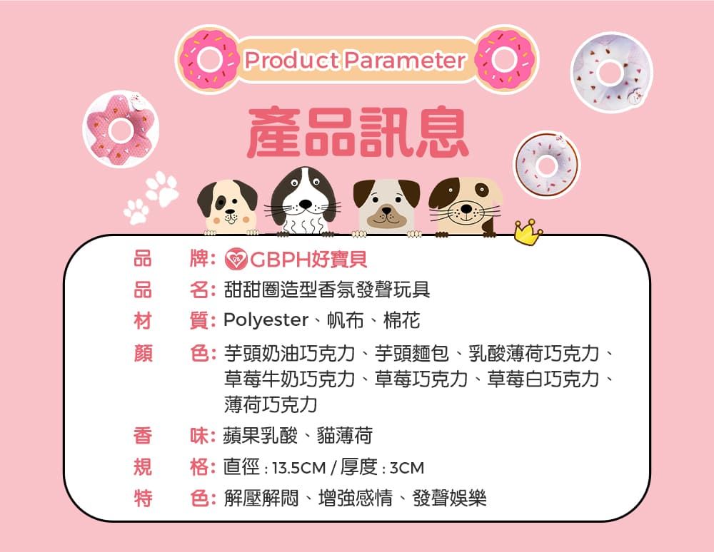 Product Parameter產訊息品牌:CBPH好寶貝品名:甜甜圈造型香氛發聲玩具材質:Polyester、帆布、棉花顔色:芋頭奶油巧克力、芋頭麵包、乳酸薄荷巧克力、草莓牛奶巧克力、草莓巧克力、草莓白巧克力、薄荷巧克力味:蘋果乳酸、貓薄荷香規格:直徑:13.5CM / 厚度:3CM特色:解壓解悶、增強感情、發聲娛樂