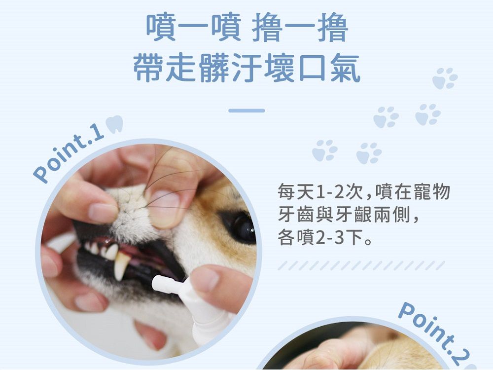 Point.1 噴一噴 一撸帶走髒汙壞口氣每天1-2次,噴在寵物牙齒與牙齦兩側,各噴2-3下。Point.2