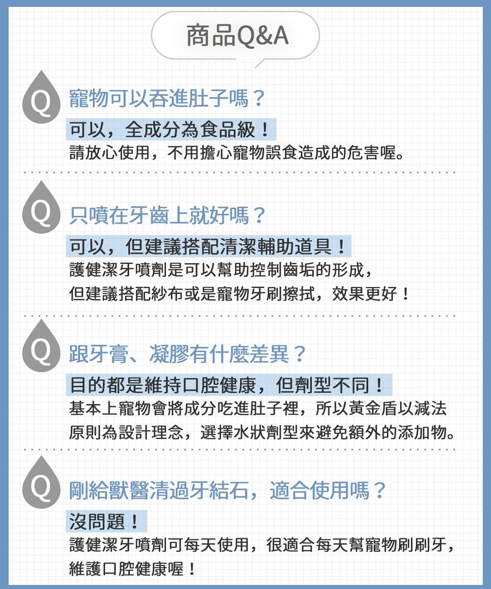 商品Q&amp;A 寵物可以吞進肚子嗎?可以,全成分為食品級!請放心使用,不用擔心寵物誤食造成的危害喔。只噴在牙齒上就好嗎?可以,但建議搭配清潔輔助道具!護健潔牙噴劑是可以幫助控制齒垢的形成,但建議搭配紗布或是寵物牙刷擦拭,效果更好!跟牙膏、凝膠有什麼差異?目的都是維持口腔健康,但劑型不同!基本上寵物會將成分吃進肚子裡,所以黃金盾以減法原則為設計理念,選擇水狀劑型來避免額外的添加物。 剛給獸醫清過牙結石,適合使用嗎?沒問題!護健潔牙噴劑可每天使用,很適合每天幫寵物刷刷牙,維護口腔健康喔!