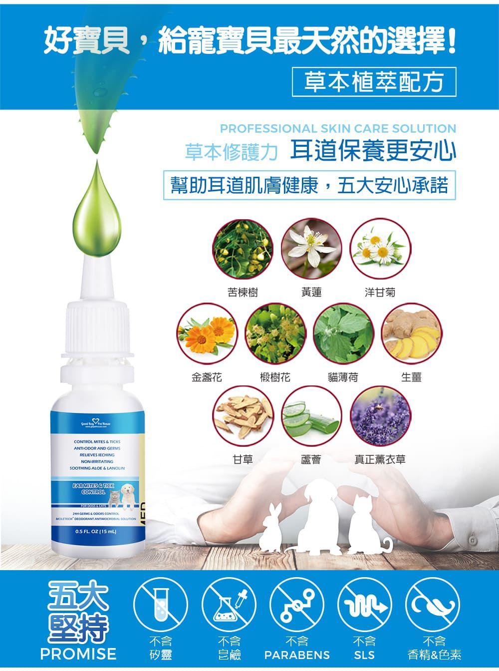 好寶貝,給寵寶貝最天然的選擇!草本植萃配方 MITES  TICKSANTIODOR AND  IECHINGNONIRRITATINGSOOTHING ALOE  LANOLINEAR MITES  TICKCONTROL  &  CONTROL    FL  (15 mL五大堅持PROMISEPROFESSIONAL SKIN CARE SOLUTION草本修護力 耳道保養更安心幫助耳道肌膚健康,五大安心承諾苦楝樹黃蓮洋甘菊金盞花椴樹花貓薄荷生薑甘草蘆薈真正薰衣草不含不含不含不含矽靈皂鹼PARABENSSLS不含香精&色素