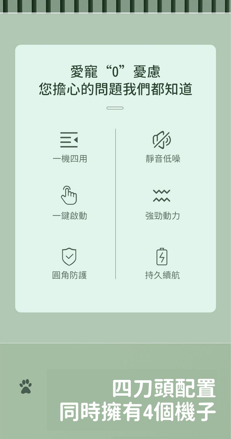 愛寵“0”憂慮您擔心的問題我們都知道一機四用靜音低噪M一鍵啟動強勁動力圓角防護持久續航四刀頭配置同時擁有4個機子
