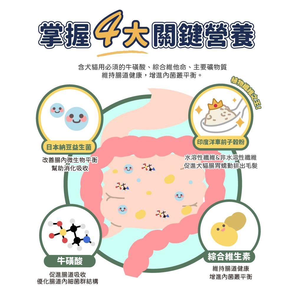 掌握營養含犬貓用必須的牛磺酸、綜合維他命、主要礦物質維持腸道健康,增進菌叢平衡。日本納豆益生菌改善腸微生物平衡幫助消化吸收印度洋車前子穀粉水溶性纖維&非水溶性纖維促進犬貓腸胃蠕動排出毛髮牛磺酸促進腸道吸收優化腸道內細菌群結構綜合維生素維持腸道健康增進內菌叢平衡