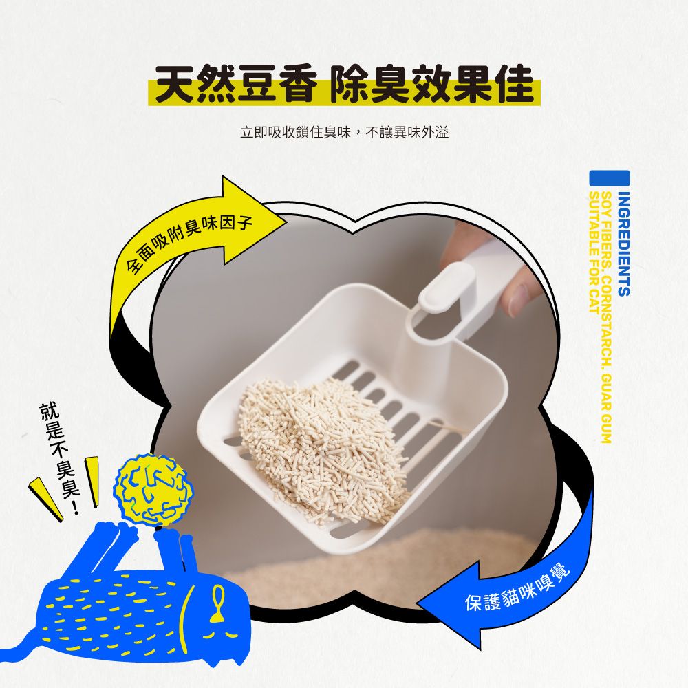 天然豆香 除臭效果佳全面吸附臭味立即吸收鎖住臭味,讓異味外溢不INGREDIENTSSOY FIBERS. CORNSTARCH. GUAR GUMSUITABLE FOR CAT保護貓咪嗅覺