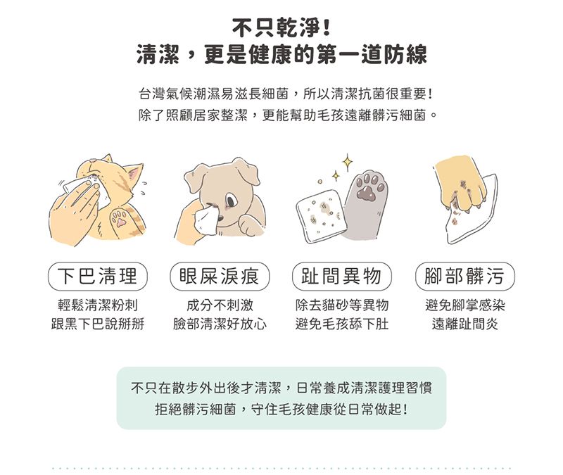 000不只乾淨!清潔,更是健康的第一道防線台灣氣候潮濕易滋長細菌,所以清潔抗菌很重要!除了照顧居家整潔,更能幫助毛孩遠離髒污細菌。下巴清理眼屎淚痕趾間異物腳部髒污輕鬆清潔粉刺跟黑下巴說掰掰成分不刺激臉部清潔好放心除去貓砂等異物避免毛孩舔下肚避免腳掌感染遠離趾間炎不只在散步外出後才清潔,日常養成清潔護理習慣拒絕髒污細菌,守住毛孩健康從日常做起!