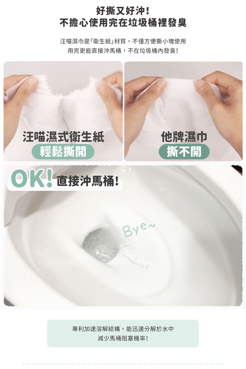 好撕又好!不擔心使用完在垃圾桶裡發臭汪喵濕巾是衛生紙材質,不僅方便撕小塊使用用完更能直接沖馬桶,不在垃圾桶發臭!汪喵濕式衛生紙他牌濕巾撕不開輕鬆撕開OK!直接沖馬桶!Bye~專利加速溶解結構,能迅速分解於水中減少馬桶阻塞機率!