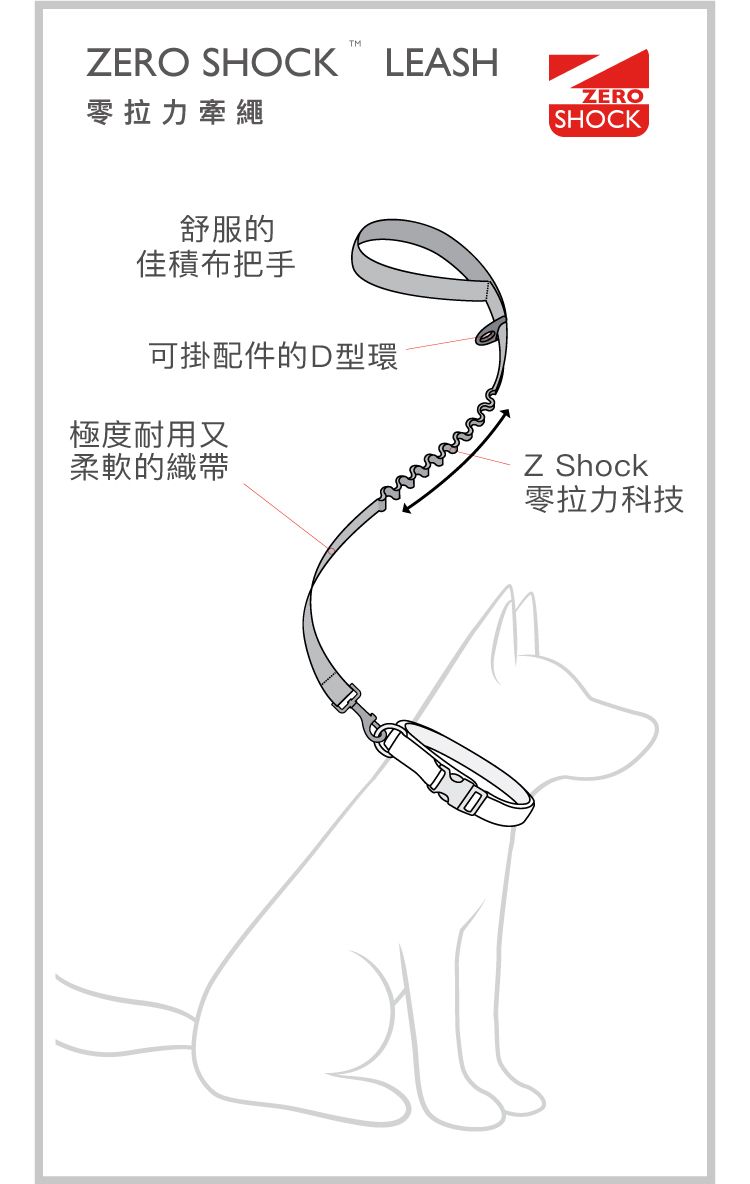 TMZERO SHOCK LEASH零拉力牽繩ZEROSHOCK舒服的佳積布把手可掛配件的D型環極度耐用又柔軟的織帶Z Shock零拉力科技