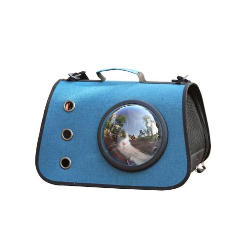 三孔高透氣亞麻寵物外出斜背包 藍色 